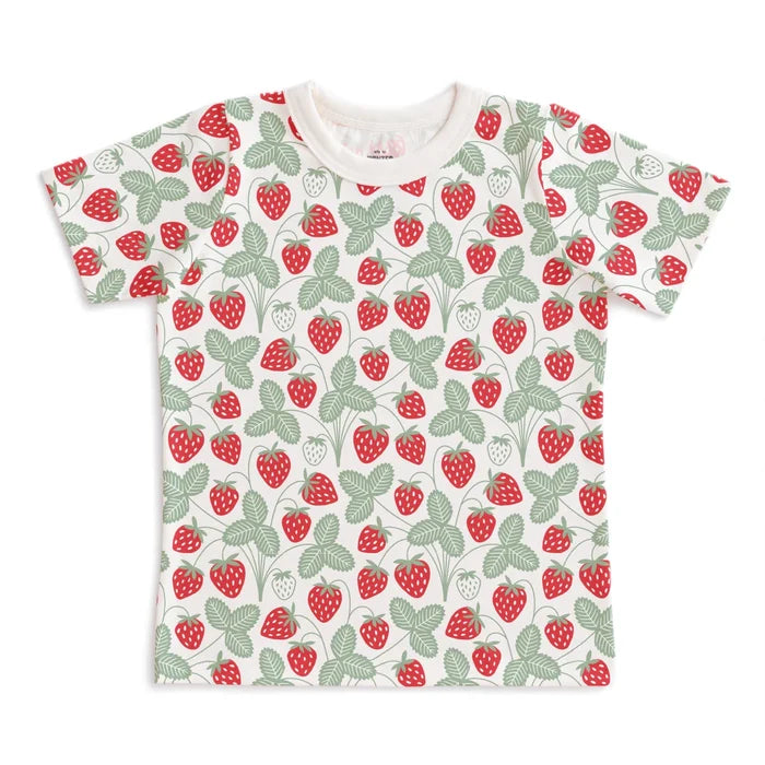 A short-sleeved t-shirt with an all-over strawberries print on a white background.