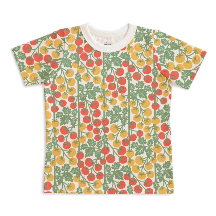 T-shirt with a colorful tomato pattern on a white background