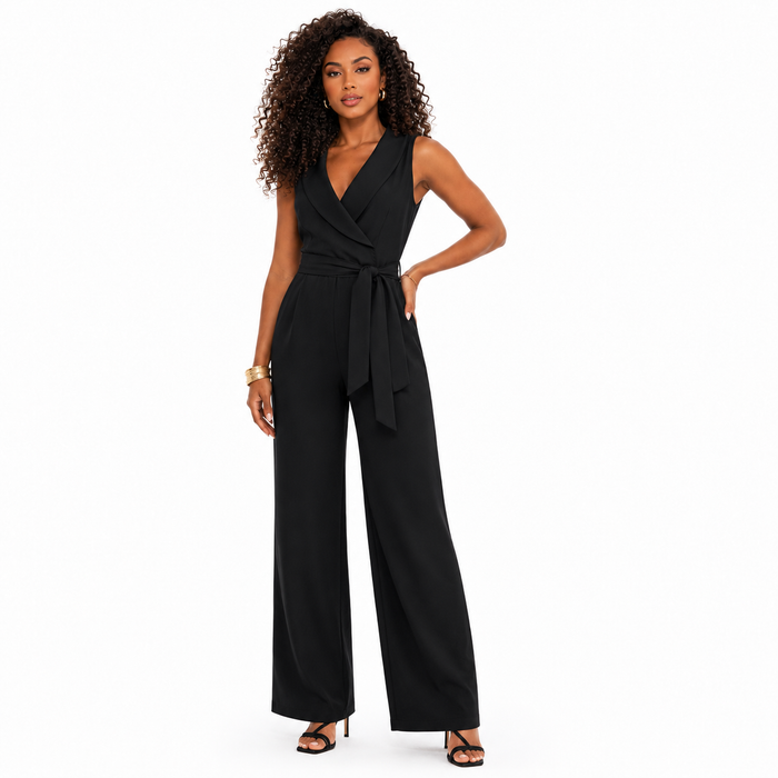 Sleeveless jumpsuit for women with V neck, removable belt and smooth stretch fabric for polished summer day-to-night outfits.