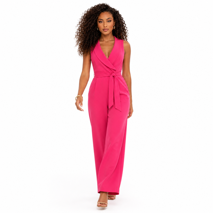 Travel-friendly sleeveless jumpsuit for women with stretch fabric, full-length trousers and a polished belted waistline look.