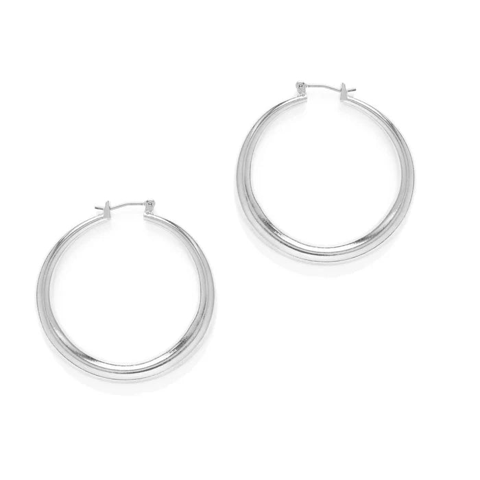 Pair of silver hoop earrings on a white background