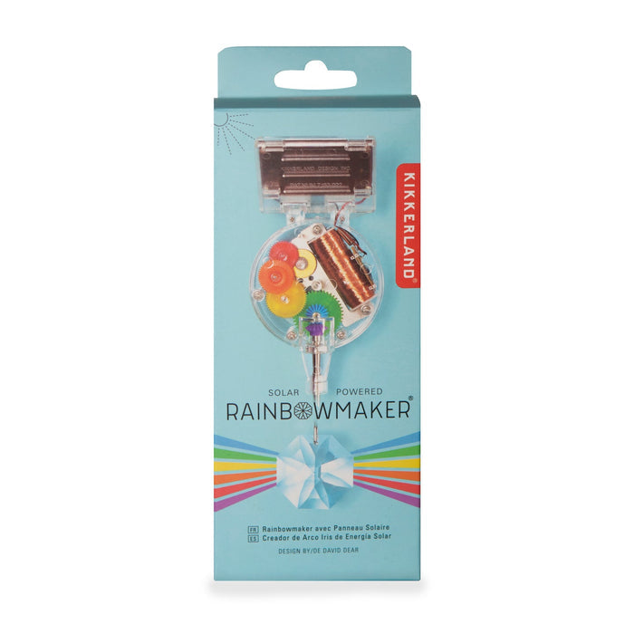 A light blue box with text that says "Solar Powered Rainbowmaker" containing a solar-powered rainbow maker made of a solar panel and a hanging crystal.