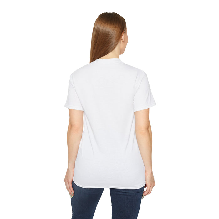 Woman wearing a plain white t-shirt on a white background