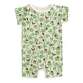Baby romper with nature-themed print on a white background