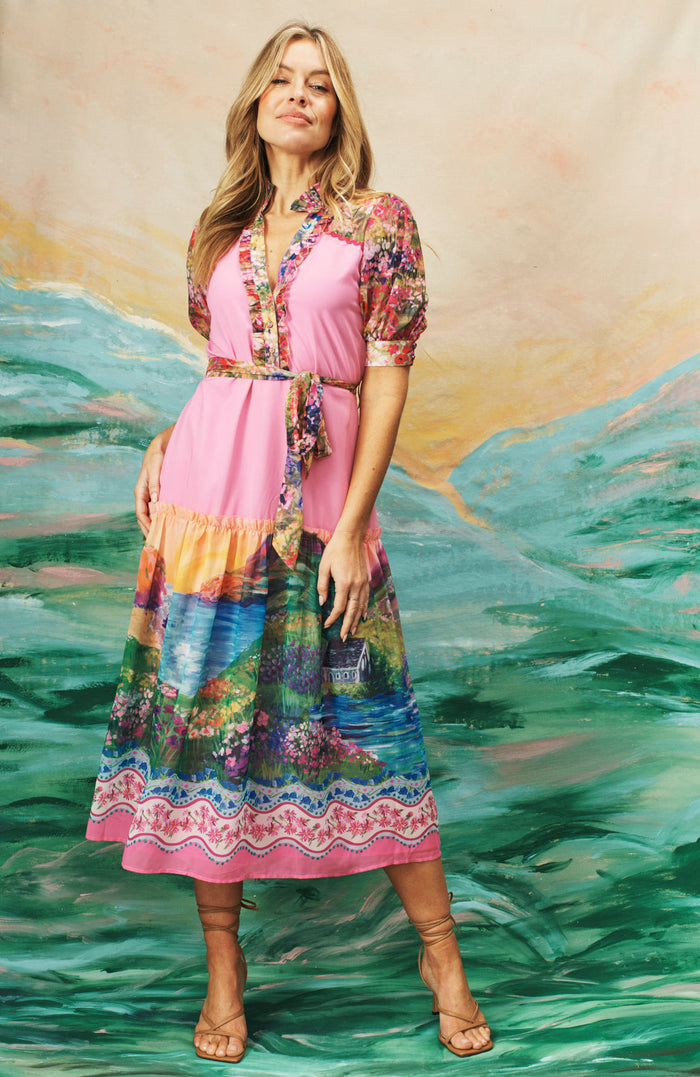 The Alamy Button Front Midi Dress (Pink)