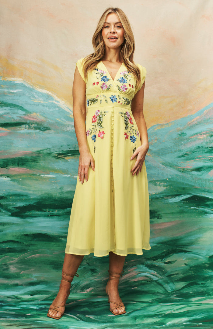 The Buttercup Embroidered Front Button Midi Dress (Yellow)