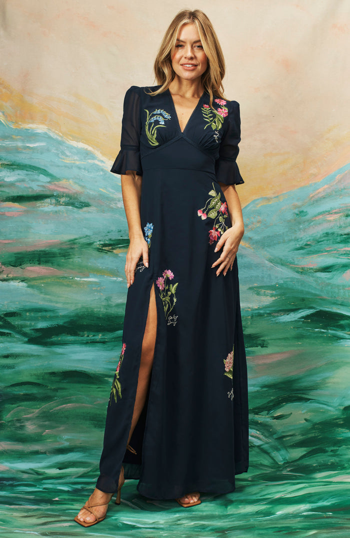 The Heather Embroidered Thigh Split Maxi Dress (Navy)