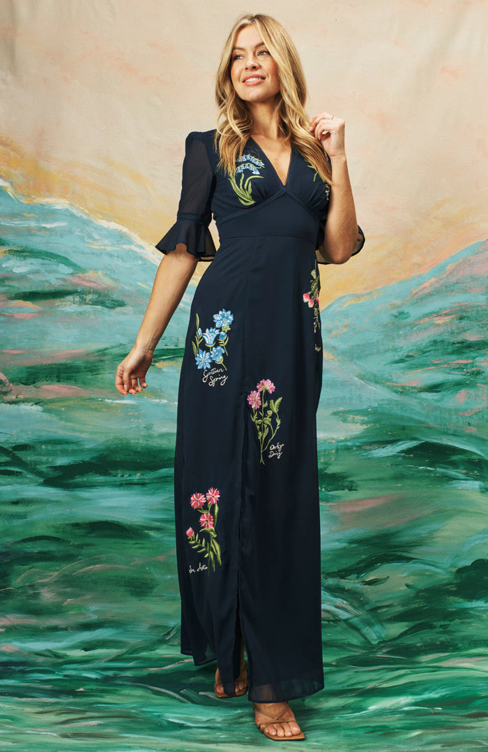 The Heather Embroidered Thigh Split Maxi Dress (Navy)
