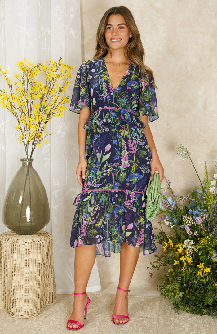The Naomi V-Neck Midi Tea Dress with Peplum (Navy)