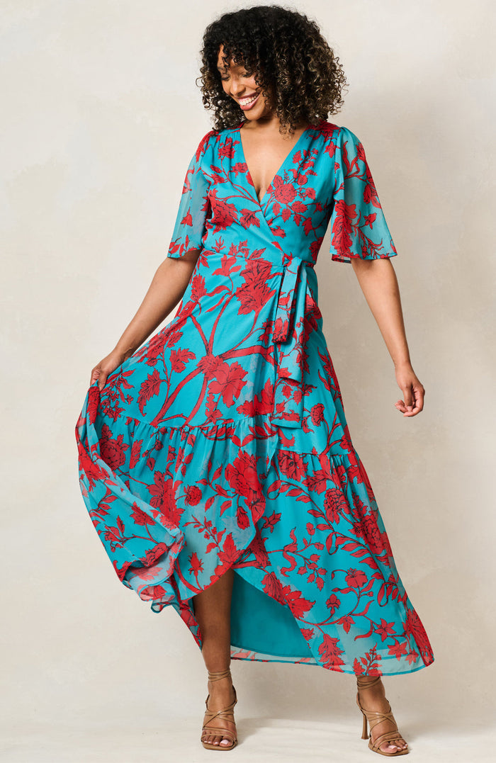 The Nikita Maxi Wrap Dress (Teal/Red)