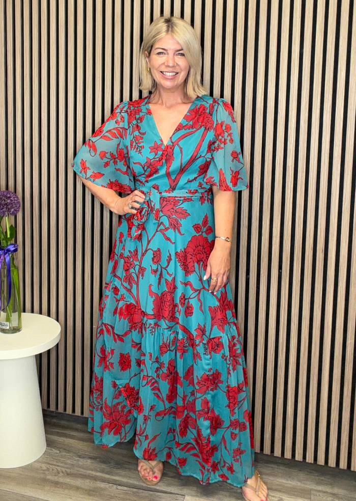 The Nikita Maxi Wrap Dress (Teal/Red)