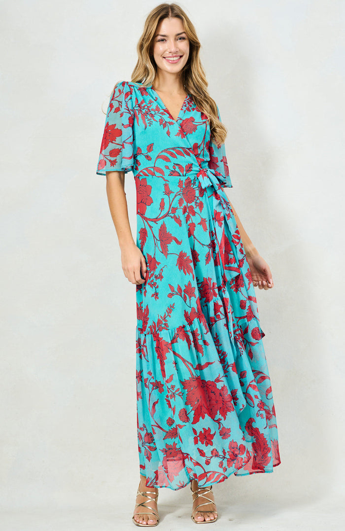 The Nikita Maxi Wrap Dress (Teal/Red)