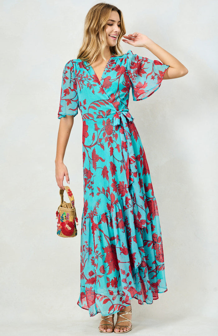 The Nikita Maxi Wrap Dress (Teal/Red)