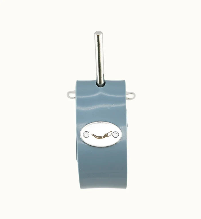 Thunderstorm blue-grey rubber weight belt buckle with stainless steel locking pin and oval Waihana brand logo plate, shown on a white background.