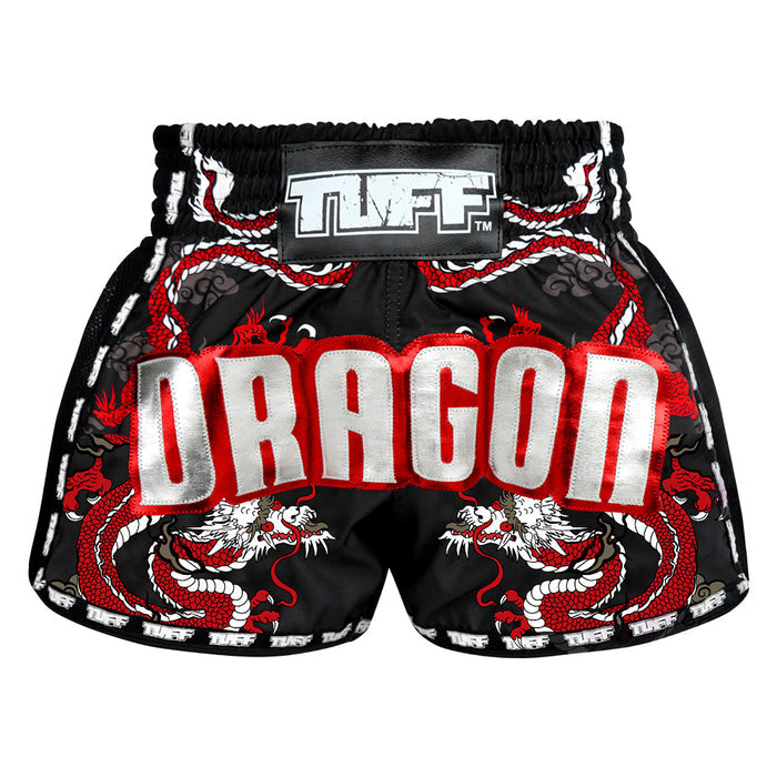 TUFF Muay Thai Boxing Shorts Retro Style Black Chinese Dragon with Text