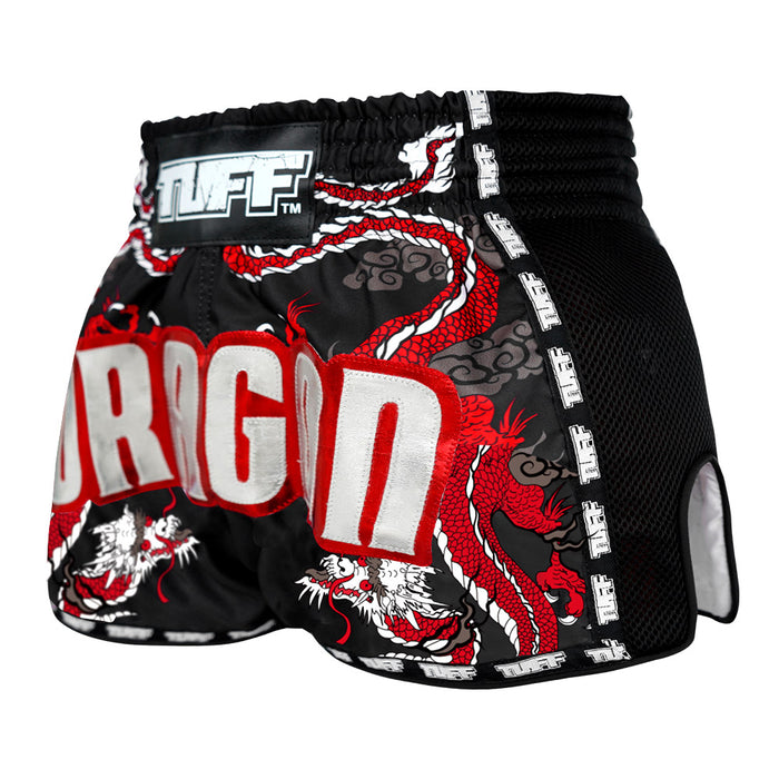 TUFF Muay Thai Boxing Shorts Retro Style Black Chinese Dragon with Text