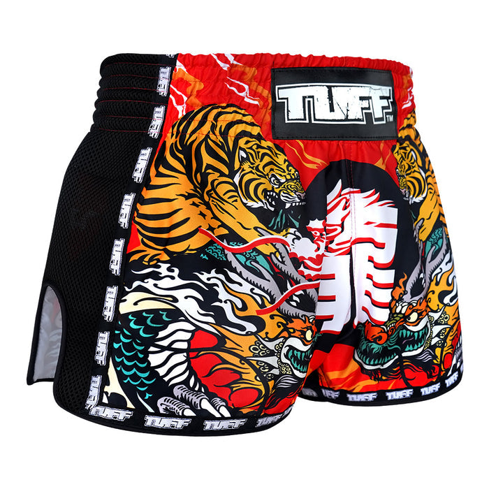TUFF Muay Thai Boxing Shorts Retro Style Red Chinese Dragon and Tiger