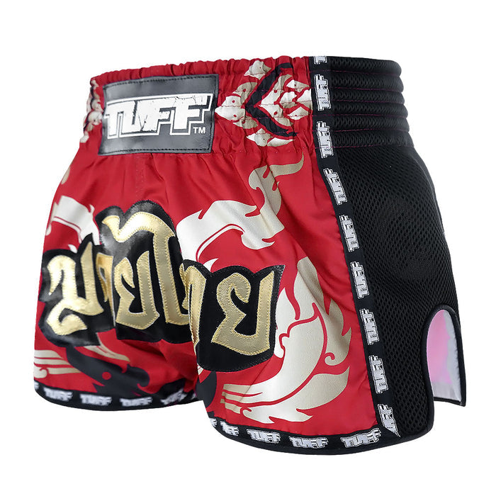 TUFF Muay Thai Boxing Shorts Retro Style Thai Kanok Yantra in Burgundy