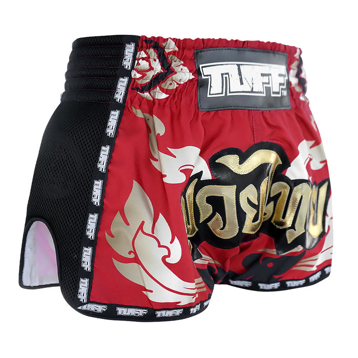 TUFF Muay Thai Boxing Shorts Retro Style Thai Kanok Yantra in Burgundy