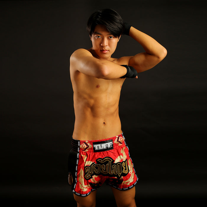 TUFF Muay Thai Boxing Shorts Retro Style Thai Kanok Yantra in Burgundy