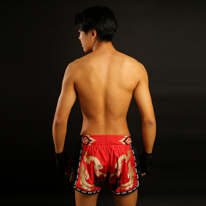 TUFF Muay Thai Boxing Shorts Retro Style Thai Kanok Yantra in Burgundy