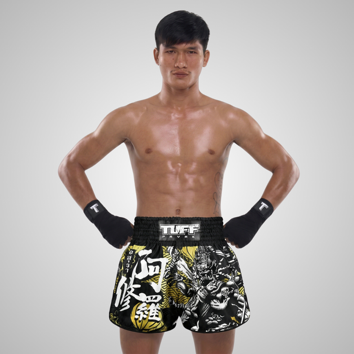 TUFFPAYAK Muay Thai Shorts Boxing Trunks Retro Style (TPY-RMS008-BLK)