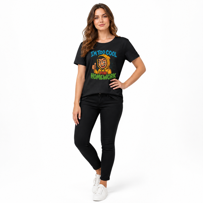 Unisex graphic tee with funny homework print shown in product view with short sleeves and a simple casual t-shirt silhouette.