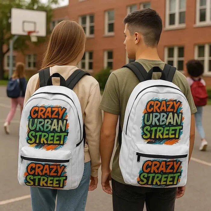 Graffiti backpack showing the front design, padded shoulder straps and structured everyday shape