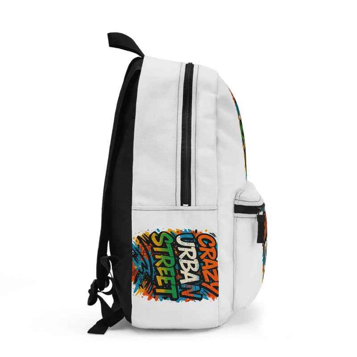 School backpack with urban graffiti artwork, multiple compartments and a laptop or tablet holder