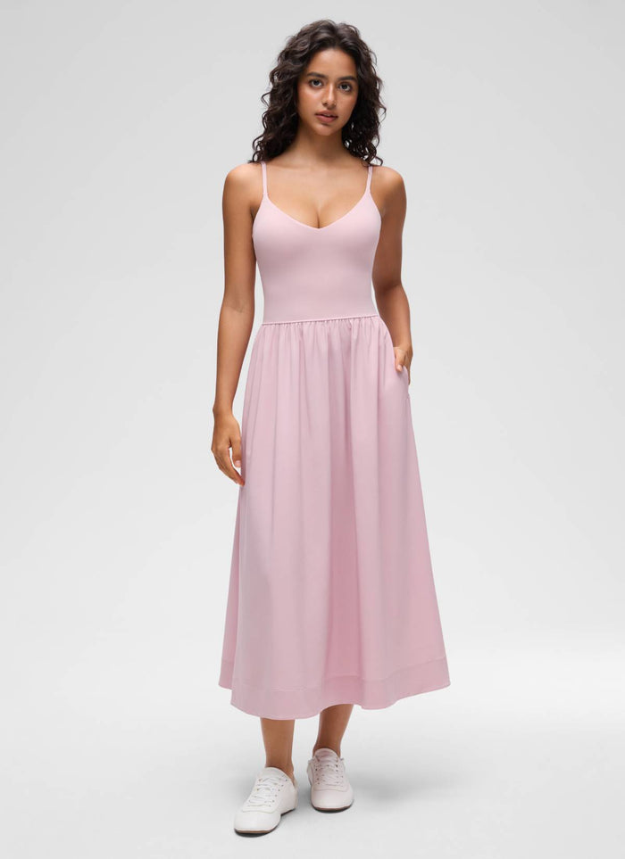 CRZ YOGA Women's Casual V Neck Built in Bra Long Dress Pink Haze