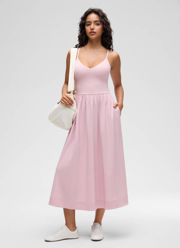 CRZ YOGA Women's Casual V Neck Built in Bra Long Dress Pink Haze