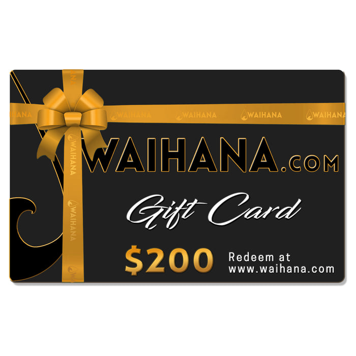 Waihana.com $200 gift card with a black card design featuring a gold ribbon and bow, showing the brand logo and redemption instructions at www.waihana.com.