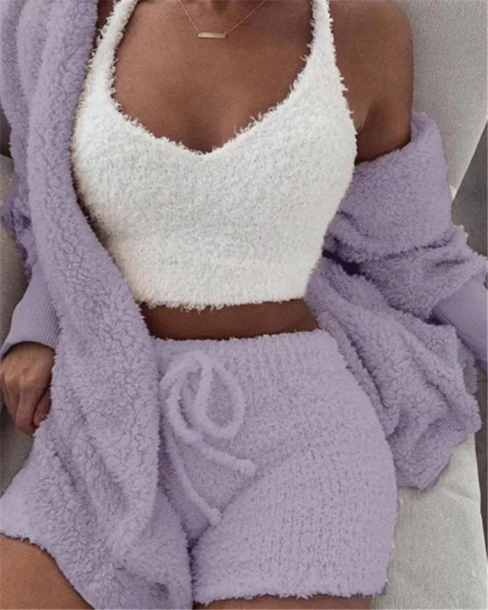 cozy women lounge set flannel vest shorts winter indoor comfort clothing
