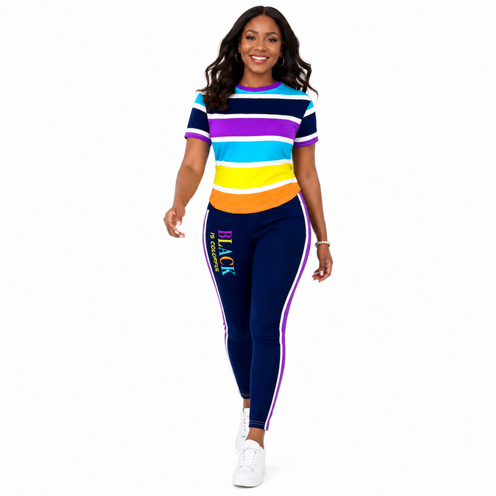 Women's casual two piece pants set with a matching T-shirt and pants, with slight stretch knitted fabric, for casual styling.