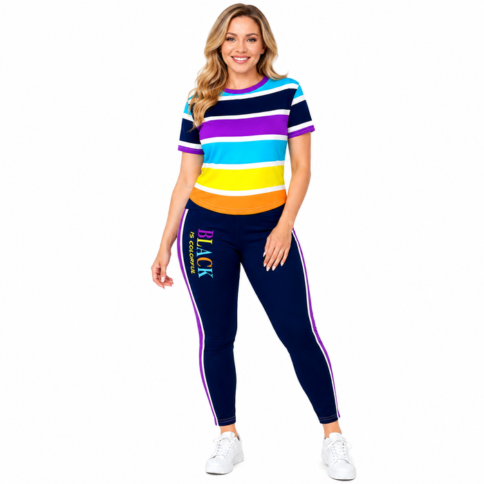 Women's colorful stripe print outfit with matching T-shirt and pants, with slight stretch knitted fabric, for casual styling.