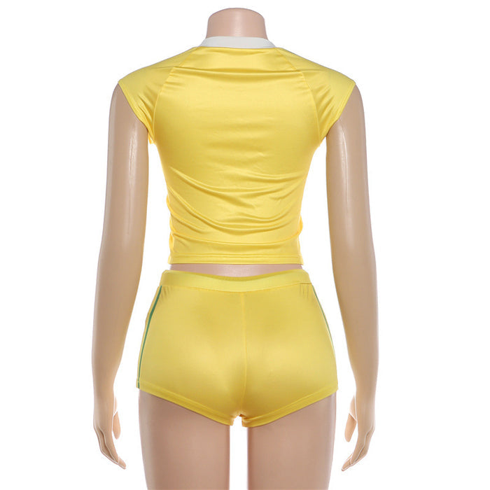 Matching women's shorts outfit with letter-print top and cropped shorts presented as a casual two piece set for everyday wear